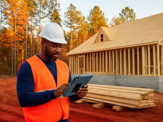 Home builder in a white hard hat and orange safety vest reviewing a tablet beside a timber-framed house