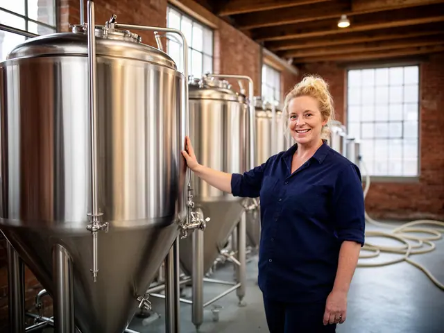 Brewery owner in a navy work shirt resting a hand on a new stainless-steel fermentation tank