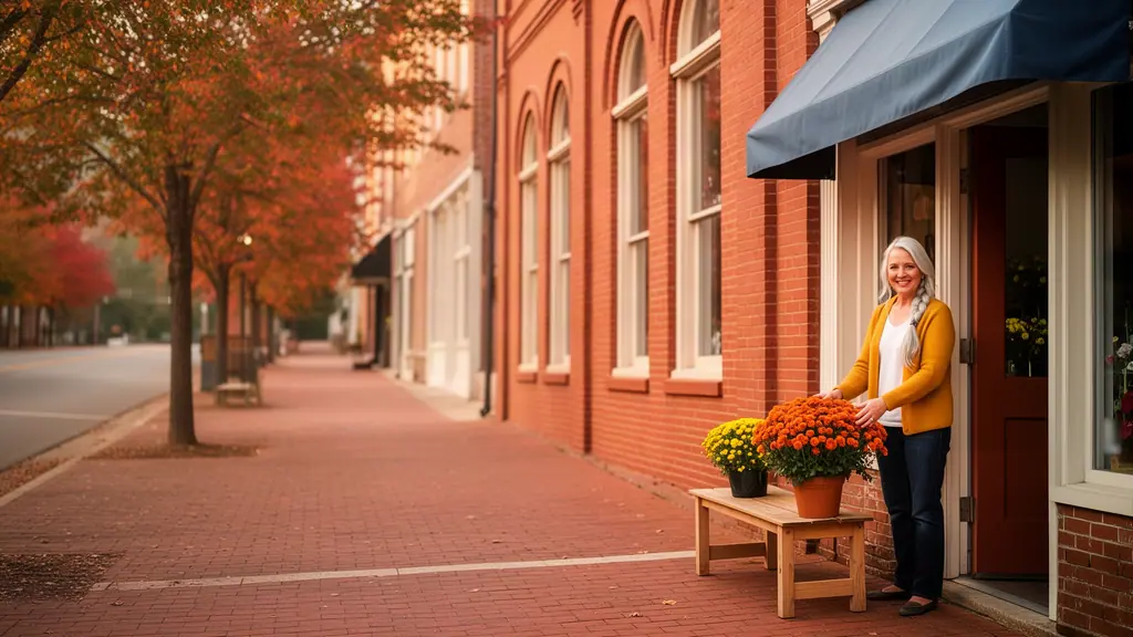 Smiling florist with a silver braid setting potted orange chrysanthemums on a bench outside her brick-front shop