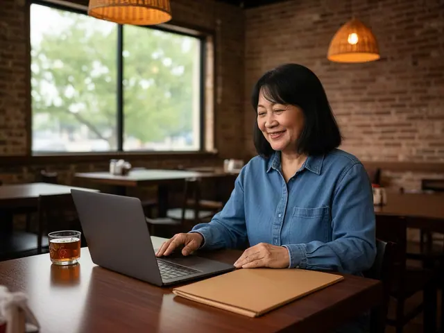 Noodle-restaurant owner smiling at her laptop with a closed folder and a glass of tea in her empty dining room