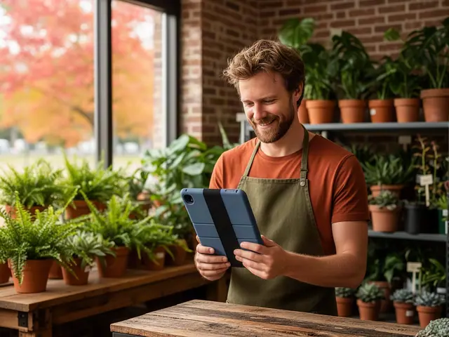 Plant-shop owner in an olive canvas apron smiling at a tablet behind a reclaimed-wood counter