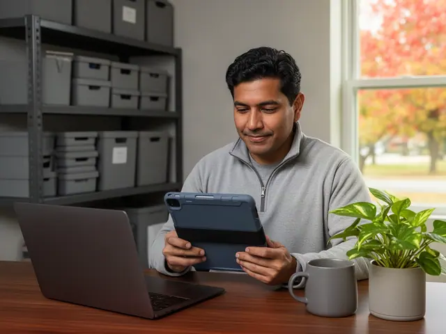 Cleaning-company owner in a grey quarter-zip reviewing a tablet at his desk beside a laptop and pothos