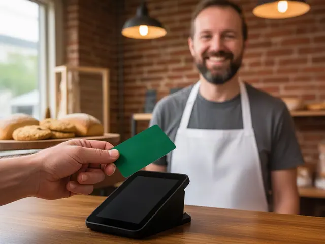 Hand tapping a green card on a countertop card terminal while a smiling bakery owner stands behind the counter