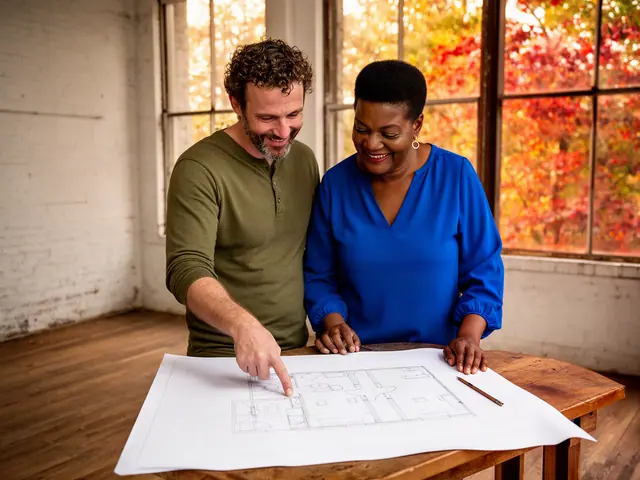 Two business partners smiling over a pencil floor-plan sketch on a table in an empty brick loft