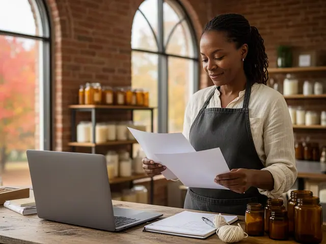 Candle-studio owner in a canvas apron reviewing printed sheets beside a laptop and amber glass jars